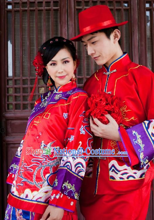 Traditional Red Chinese Dragon and Phoenix Wedding Dresses for Men and Women