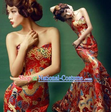 Chinese Classical Mandarin Dragon Golden Evening Dress for Women