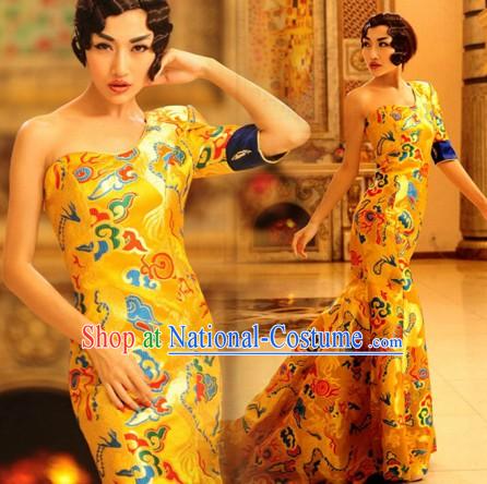 Chinese Classical Golden Dragon Wedding Dress for Women