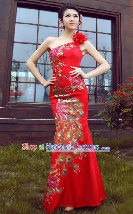 Lucky Red One Shoulder Long Wedding Phoenix Cheongsam