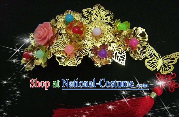 Traditional Chinese Xiu He Mandarin Wedding Golden Flower Hair Accessories with Red Tassels