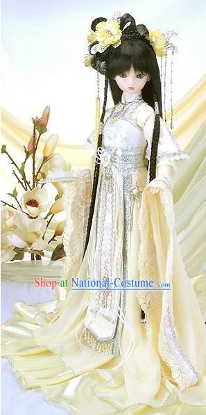 Ancient Chinese Light Yellow Princess Clothing and Hair Accessories Complete Set for Women