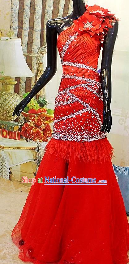 Shinning Chinese Red Wedding Evening Dress