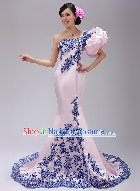 Chinese Elegant Pink Evening Dress with Fish Bottom Tail