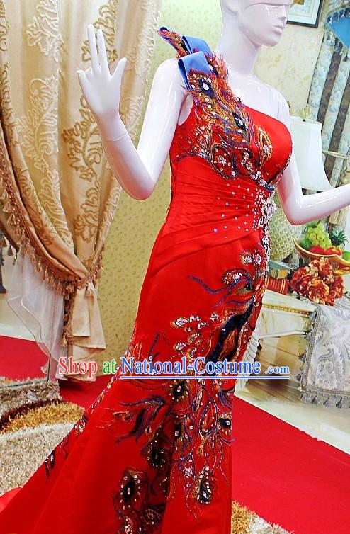 Chinese Classical Red Phoenix Long Evening Dress