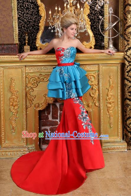 Chinese Romantic Blue and Red Evening Dress