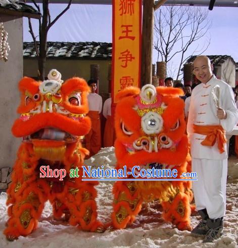 Orange Long Wool Lion Dance Mask Costumes Complete Set