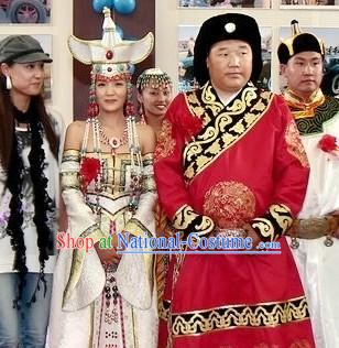 Traditional Chinese Mongolian Wedding Dresses and Hats for Bride and Bridegrooms