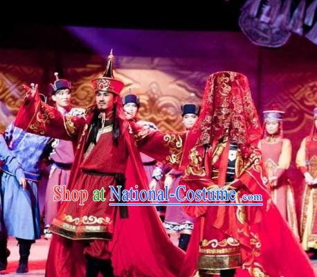 Ancient Chinese Mongolian Wedding Clothing and Hats for Men and Women