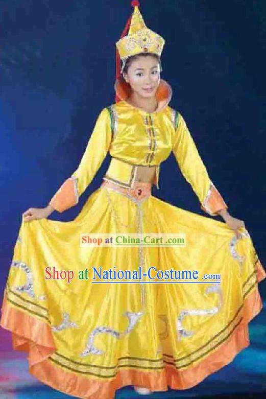 Traditional Chinese Mongolian Yellow Dance Costumes and Hat for Women