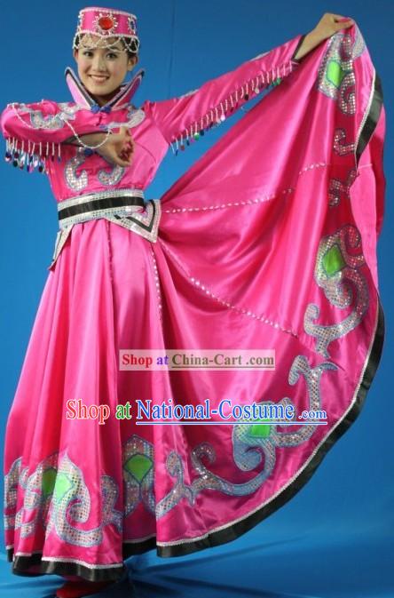 Traditional Chinese Mongolian Stage Performance Dance Costume and Hat for Women