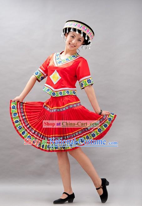 Chinese Miao Minority Stage Performance Dance Costume and Hat for Women