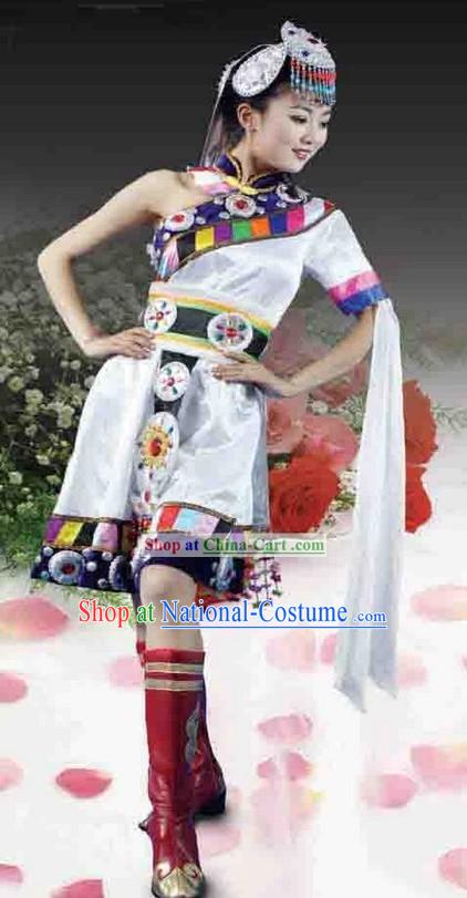 Chinese Tibetan Ethnic Stage Performance Dance Costumes and Headpiece for Women