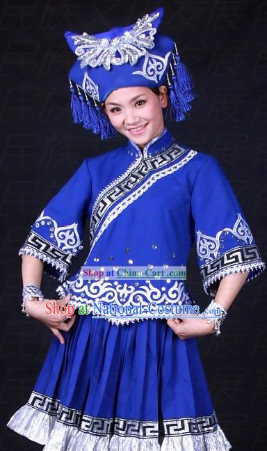 Chinese Zhuang Ethnic Stage Performance Dance Costumes and Hat for Women