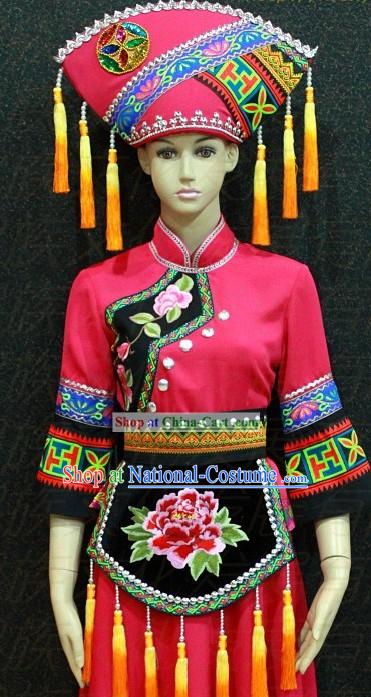 Chinese Zhuang Ethnic Clothing and Hat for Women