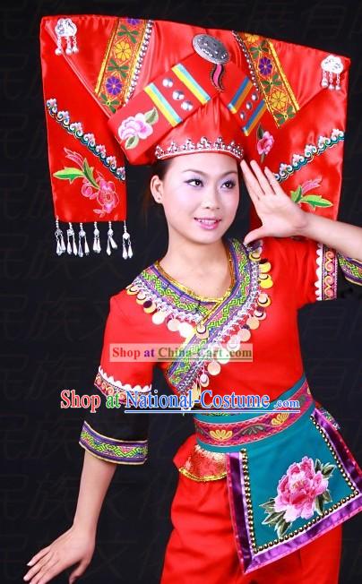 Chinese Zhuang Ethnic Minority Costumes and Hat for Women