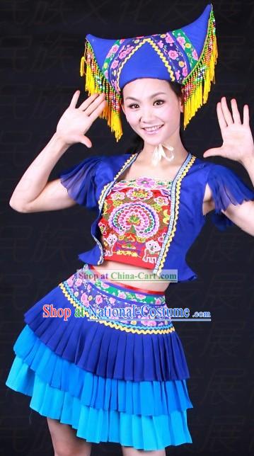 Chinese Zhuang Ethnic Dance Costumes and Hat for Women