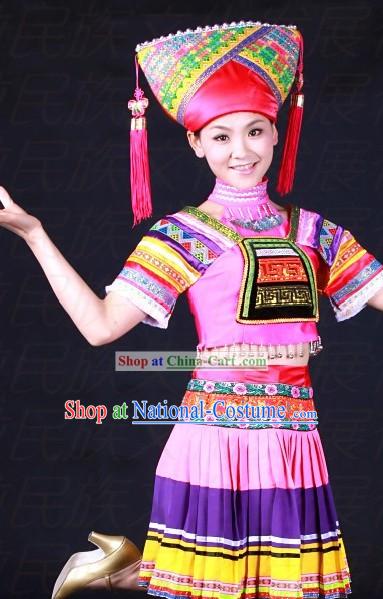 Chinese Zhuang Ethnic Dance Costumes and Hat for Girls