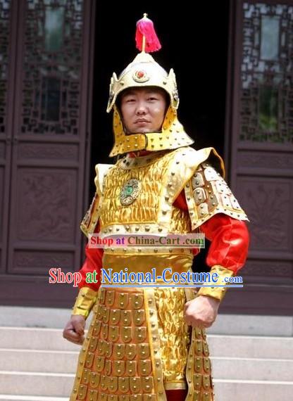 Ancient Chinese Golden Armor Costumes and Helmet for Men