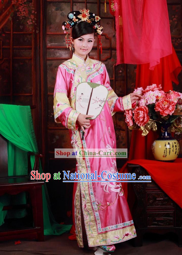 Ancient Chinese Qing Dynasty Pink Princess Embroidered Clothes and Shoes for Women