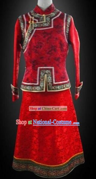 Chinese Classical Red Mongolian Clothes Complete Set