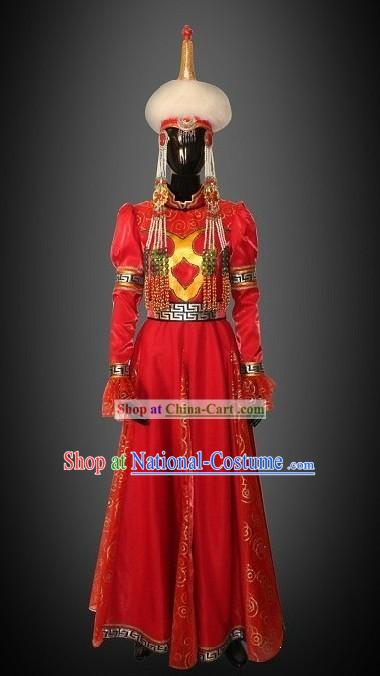 Traditional Chinese Mongolian Wedding Dress and Hat Complete Set for Women