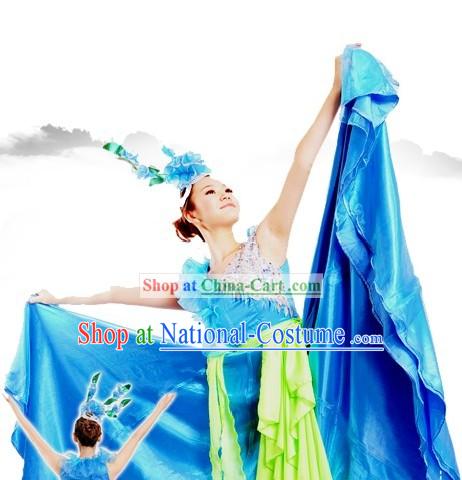 Traditional Chinese Blue Fan Dance Costume and Headpiece for Women