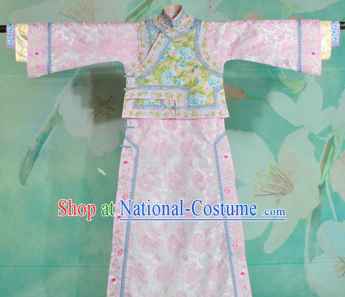 Qing Dynasty Imperial Princess Embroidered Flower Clothes Complete Set for Women