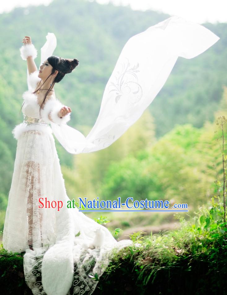 Ancient Chinese Fox Fairy White Costumes Complete Set