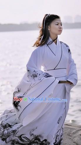 Ancient Chinese Hand Painted Lotus Hanfu Clothing Complete Set for Women