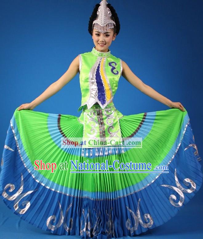 Traditional Chinese Yi Minority Dance Costumes and Headpiece for Women