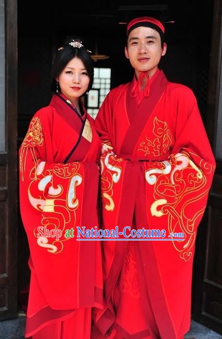 Ancient Chinese Red Hanfu Wedding Dress Two Complete Sets for Bride and Bridegroom