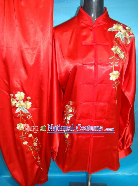 Chinese Classical Red Embroidered Flower Kung Fu Clothing Set for Women