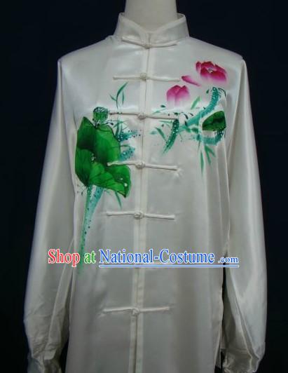 Chinese Classical White Hand Painted Lotus Kung Fu Uniform for Women