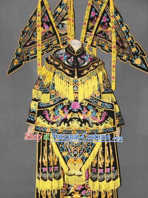 Ancient Yang Men Nv Jiang Women Heroine Embroidered Phoenix Armor Costumes with Flags