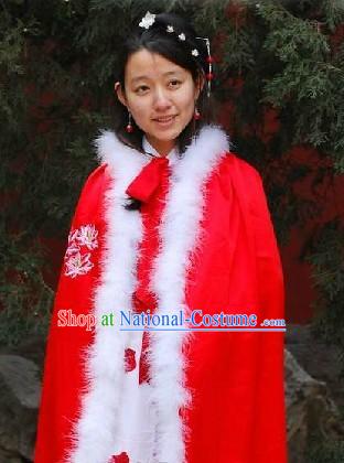 Ancient Chinese Red Embroidered Lotus Princess Cape