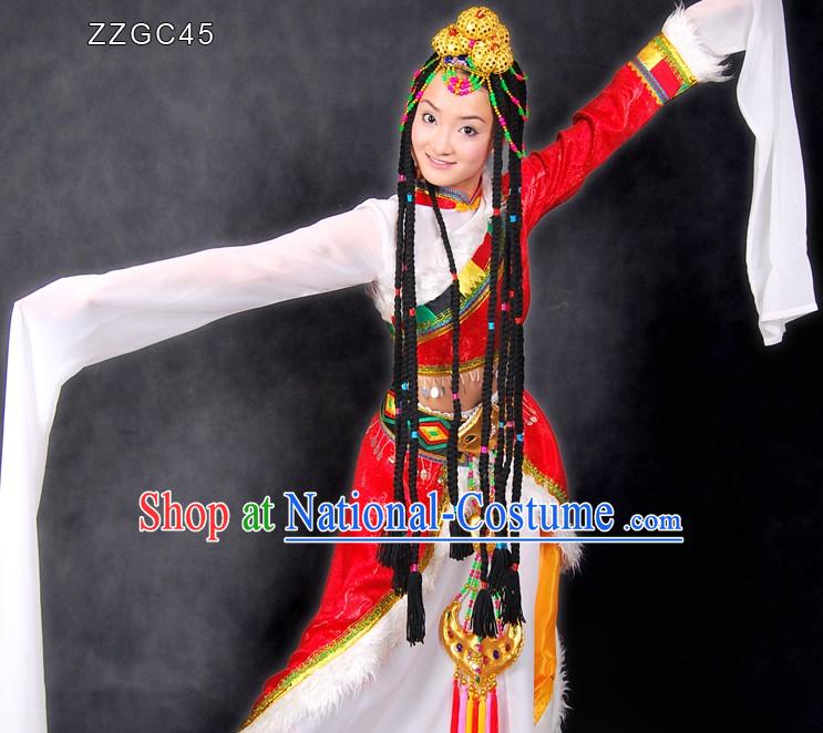 Traditional Chinese Tibetan Dance Costumes and Head Pieces for Women