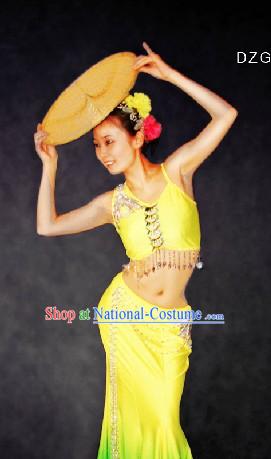 Traditional Chinese Dai Ethnic Dance Costumes and Head Pieces for Women