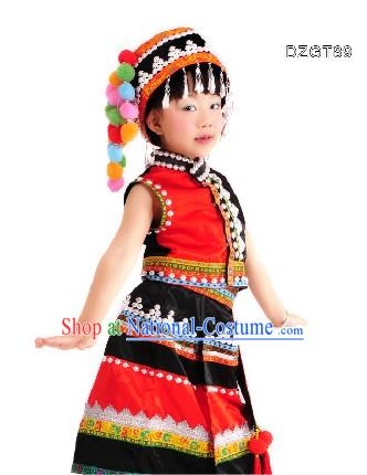 Traditional Chinese Dai Dance Costumes and Bamboo Hat Complete Set for Children