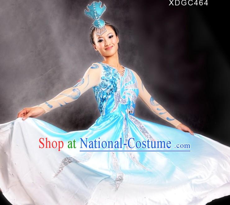 Chinese Blue Color Transition Stage Performance Opening Dance Costumes and Head Pieces