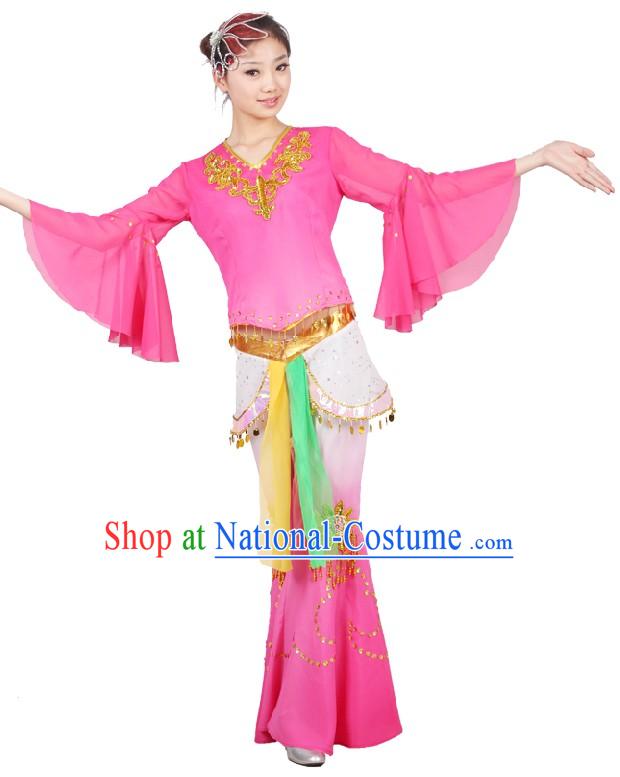 Chinese Classical Fan Dancing Costumes and Head Piece for Women