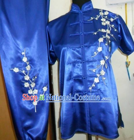 Chinese Classical Blue Embroidered Plum Blossom Tai Chi Uniform