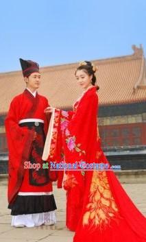 Ancient Chinese Golden Phoenix Hanfu Wedding Dresses Two Complete Sets for Men and Women