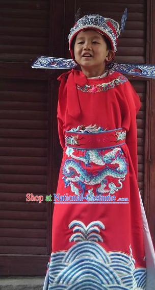 Ancient Chinese Bridegroom Embroidered Dragon Wedding Dress and Hat for Children