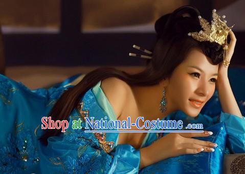 Blue Ancient Chinese Three Kingdoms Xiao Qiao Beauty Costumes for Women