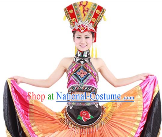 Traditional Chinese Yi Nationality Ethnic Attire and Hat for Women