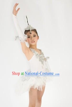 Traditional Chinese White Ballet Dance Costumes and Headwear for Kids