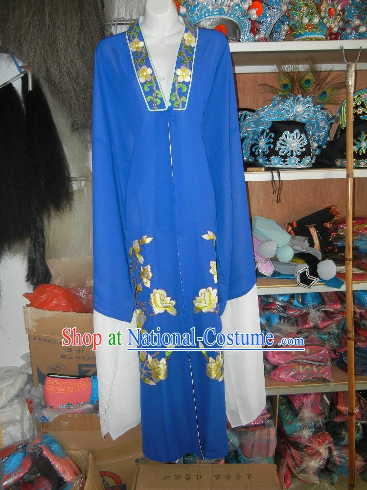 Blue Chinese Opera Stage Performance Embroidered Flower Long Robe for Men