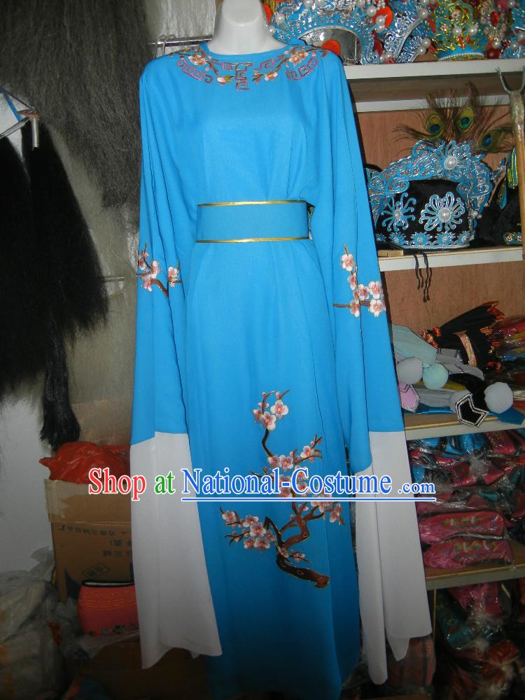 Blue Chinese Opera Stage Performance Embroidered Flower Long Robe for Men