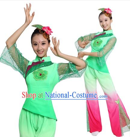 Traditional Chinese Fan Dance Costume and Headpiece for Women